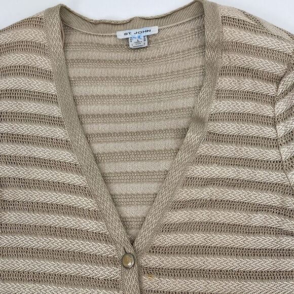 ST JOHN Plunging Neckline Knit Short Sleeve Sweater Button Front Beige Large - Picture 6 of 16